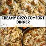 A creamy Chicken Alfredo Orzo served in a skillet, topped with Parmesan and herbs for a cozy winter weeknight dinner.